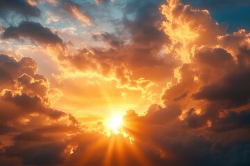 golden sunrise breaking through dramatic billowing clouds with radiant sunbeams, evoking warmth and awe