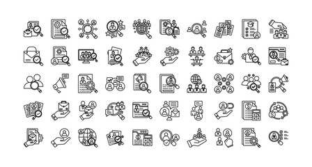 Recruitment icon set collection. Containing resources, organization, draft, interview, searching, employment, leadership .Line vector icons collection