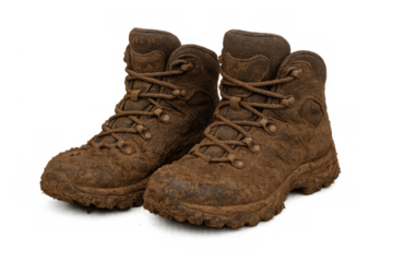 Muddy brown hiking boots after a long trek, symbolizing adventure, hard work, and challenging outdoor journeys
