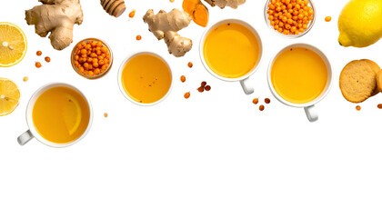 Overhead shot of warm drinks with ingredients like ginger, lemons, and berries on a black surface