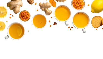 Overhead shot of warm drinks with ingredients like ginger, lemons, and berries on a black surface
