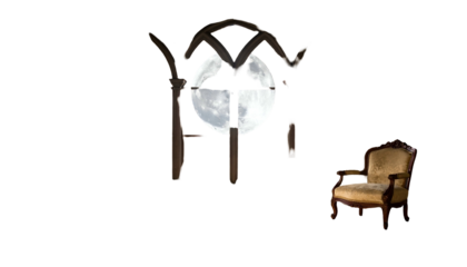 Moody nighttime scene with an ornate window framing a full moon, and an armchair