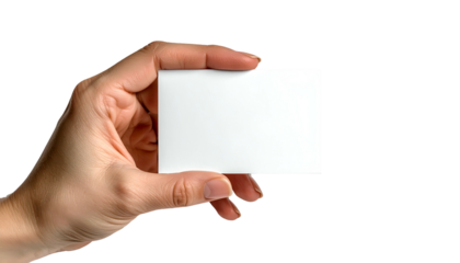 A person's hand, holding a blank white rectangle, isolated on a black background