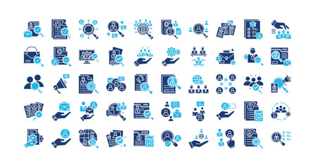 Recruitment icon set collection. Containing resources, organization, draft, interview, searching, employment, leadership .Solid vector icons collection