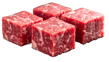 Close-up of five raw, red beef cubes with visible marbling against a transparent background