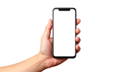 Hand holding a modern phone with a blank white screen against a black background (1)