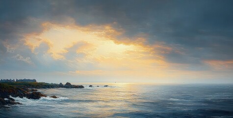 Golden light breaking through dramatic clouds over a calm ocean, rocky coastline with small cottages at the shore, tranquil and awe-inspiring seascape