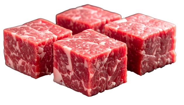 Close-up of five raw, red beef cubes with visible marbling against a transparent background