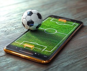 soccer ball resting on a smartphone displaying a realistic grassy football pitch with tiny goals on a wooden table, playful and exciting mood