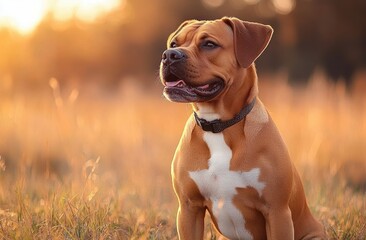 content alert brown dog with a white chest marking wearing a collar sitting in a sunlit golden field at sunset, looking happy and peaceful