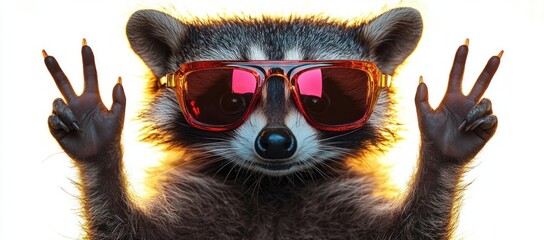 playful raccoon wearing red sunglasses and flashing peace signs with both paws, backlit portrait with warm golden glow, confident and mischievous expression