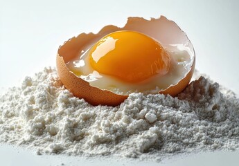 Cracked brown eggshell holding a glossy raw yolk and egg white nested in a mound of flour, evoking fresh baking comfort