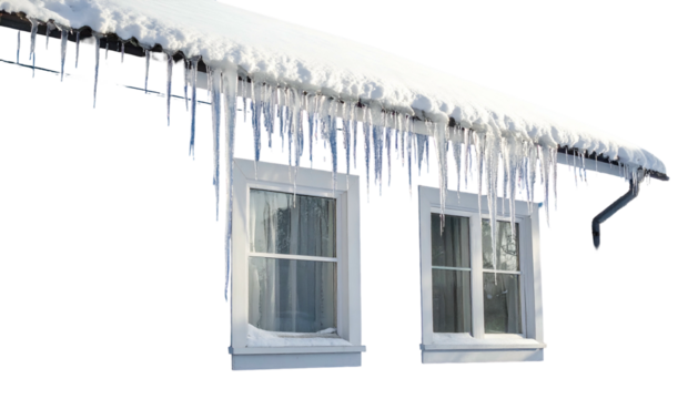 Snow-covered roof with icicles hanging over two windows in a winter scene