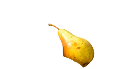 A single pear, slightly off-center on a solid black background, showing details