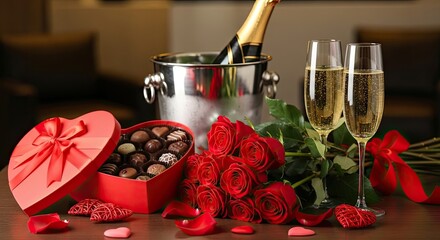 A table with a heart-shaped box of chocolates, a bottle of champagne, and a bouquet of red roses.