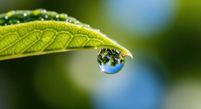 A single dew drop on a green leaf with a blurred background.