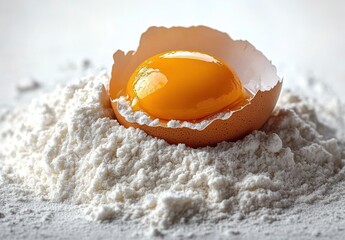 fresh egg yolk in a cracked shell nestled on a mound of white flour, evoking warm baking anticipation and simple kitchen calm