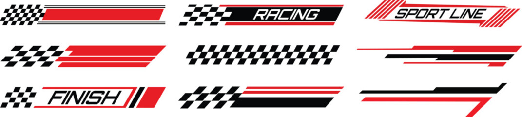 Sport racing stripes and car decal stickers and checkered flags vector set Illustration.