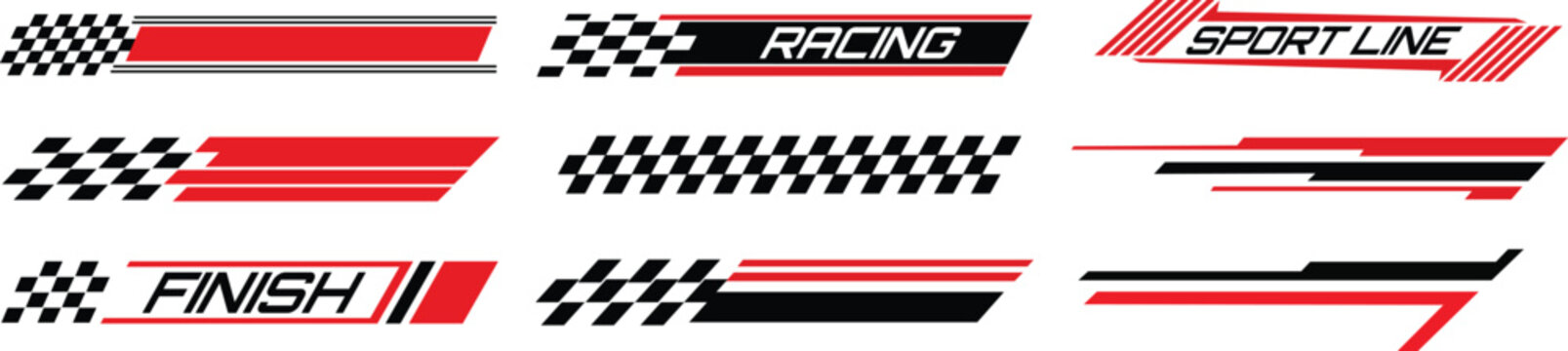Sport racing stripes and car decal stickers and checkered flags vector set Illustration.
