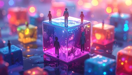 Abstract arrangement figures stand on, in, & around glowing, colorful cubes against a dark backdrop with bokeh