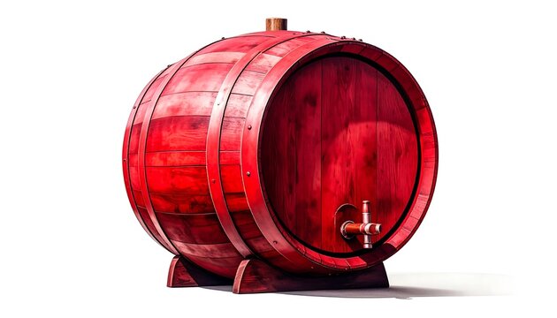 A wooden barrel with a spigot, deeply red in color, resting on a small wooden stand, set against a white backdrop - Powered by Adobe