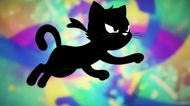 Animated Black Cat Silhouette Running with Grumpy Face on Colorful Abstract Background.