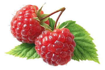 Two ripe red raspberries with green leaves on a transparent background
