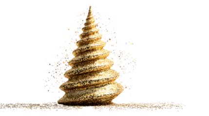 Creative yellow Christmas tree designed from stacked golden cones with twinkling lights and snow sparkles, artistic modern composition isolated on white background