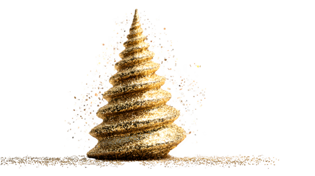 Creative yellow Christmas tree designed from stacked golden cones with twinkling lights and snow sparkles, artistic modern composition isolated on white background