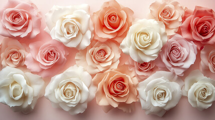 Obraz premium Soft pastel gradient background with white and peach rose flowers arranged in seamless pattern, creating delicate and romantic floral design with gentle lighting