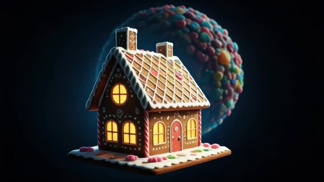 Fantasy gingerbread house flying through a sweet candy universe. Christmas holiday sequence for a magical winter celebration with a glowing cookie home on a dark backdrop