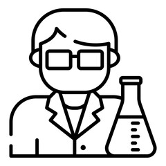 Scientist with flask, researcher black line icon