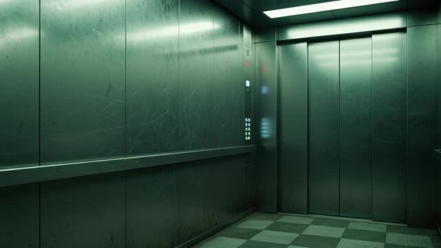 Gritty interior of an old industrial elevator with scratched metal walls and eerie green light. A claustrophobic and suspenseful atmosphere for a horror or thriller concept