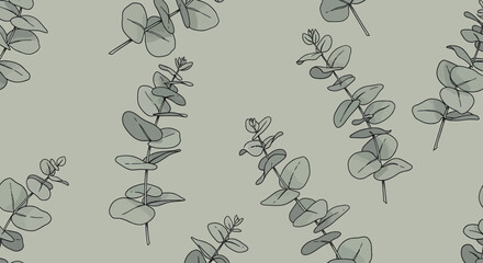 A seamless pattern of illustrated silver dollar eucalyptus branches on a muted sage green background. © Sultan Desain