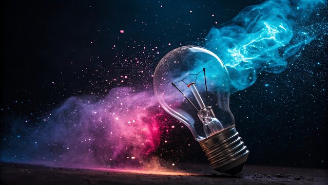 Abstract innovation background featuring a lightbulb and dramatic colored steam