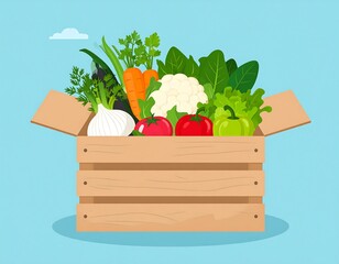 A wooden box overflowing with fresh, colorful vegetables against a light blue background, evoking a sense of healthy eating