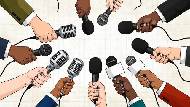 Multicultural Hands Holding Microphones Diverse Voices and Media Scrutiny in a Dynamic Press Conference Environment, National Press Day - Powered by Adobe