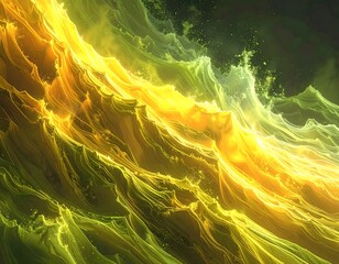 Abstract, glowing waves of green and gold, like ethereal ocean, cresting and luminous against a dark background