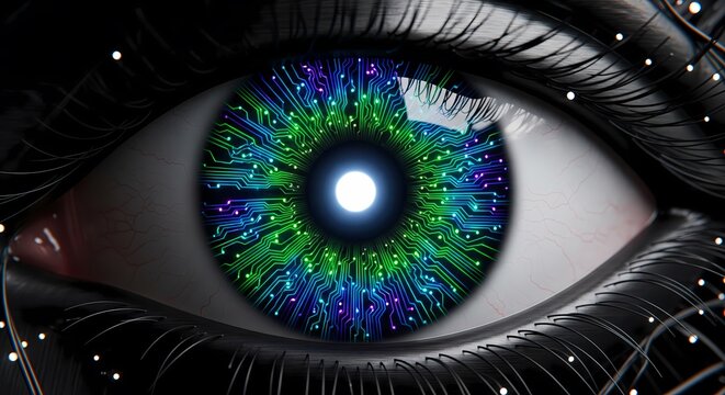 Futuristic eye of artificial intelligence with glowing circuit patterns