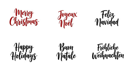 Collection of festive holiday and Christmas greetings in multiple languages, including English, French, Spanish, Italian, and German, presented in elegant script fonts.