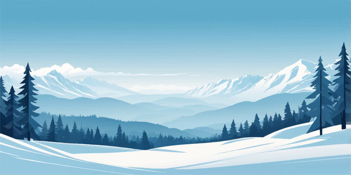 Winter mountain valley covered in soft snow with pine forests along the horizon.