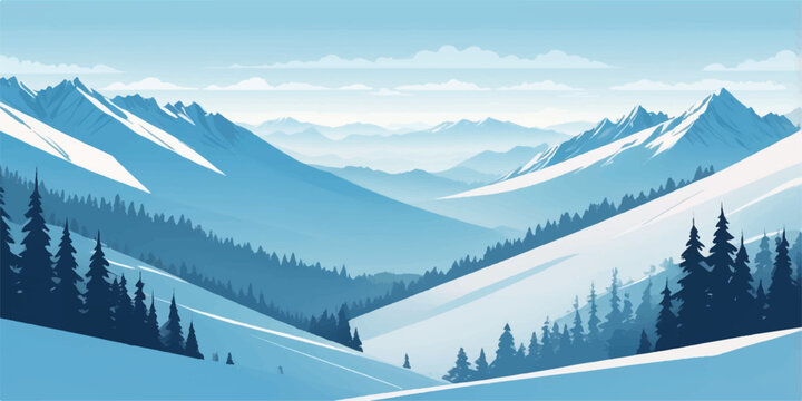 Cold and tranquil winter horizon showing snowfields beneath vast blue mountains.