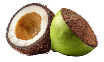 Halved coconut reveals fibrous husk and edible white flesh