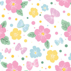 Delicate seamless floral pattern with pink and mint flowers. Hand-drawn botanical background in pastel colors. Vector for fabric, wallpaper, textile.