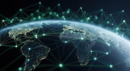 A globe with a network of connections against a dark background.