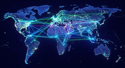 Global network connecting the world with vibrant data transmission lines