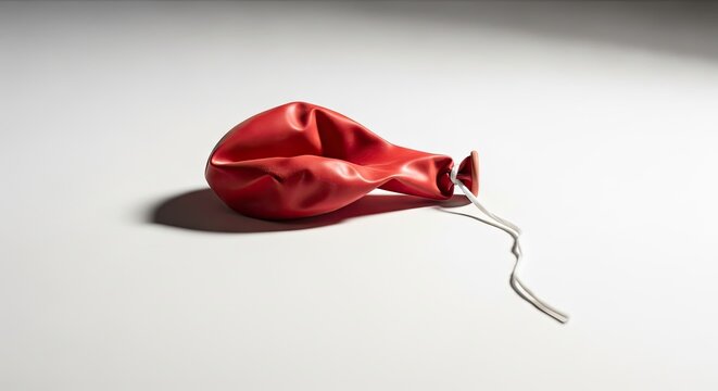 A deflated red balloon on a white surface.