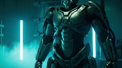Advanced humanoid robot with glowing eyes standing in a dark futuristic laboratory. Cinematic concept of artificial intelligence and advanced robotics technology for a sci-fi banner - Powered by Adobe