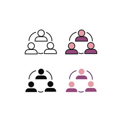 Three-person group collaboration icon set in line, flat, and color line styles. Perfect for teamwork, community, partnership, communication, team building, and business project design visuals.