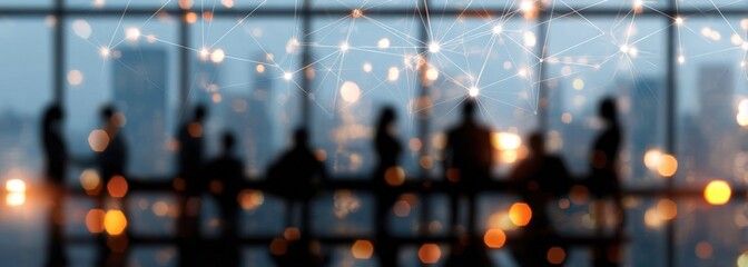 Blurred silhouettes in meeting room, interconnected network overlay, cityscape background, abstract light points, connectivity concept. High quality